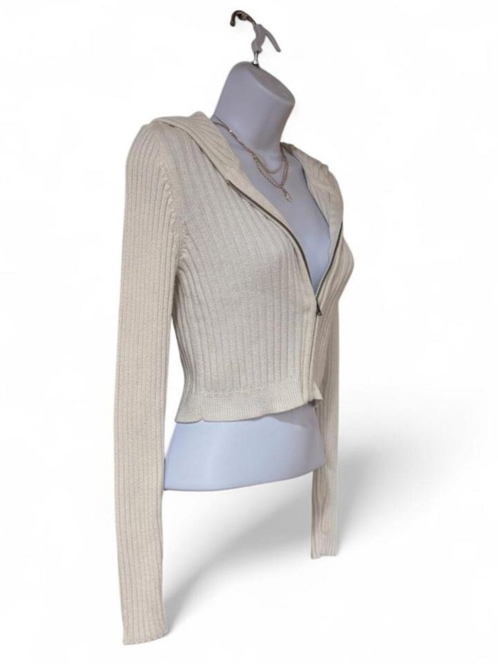 Aeropostale Cream Ribbed Knit Zip Hoodie - Picture 2 of 8